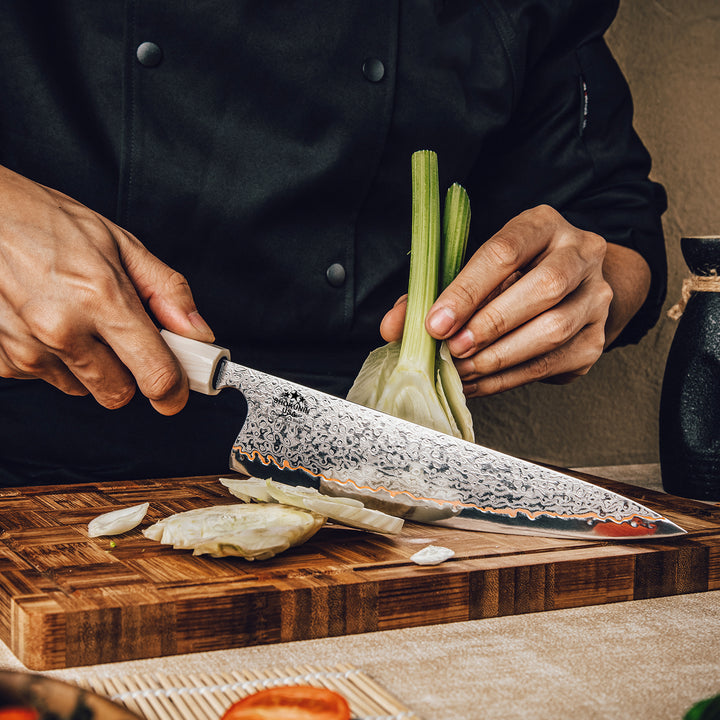 Raiden Handmade Japanese Chef Knife - 8.0" VG10, 1095 &amp; Copper Damascus Steel Blade, Exotic Rosewood Burl Composite Handle