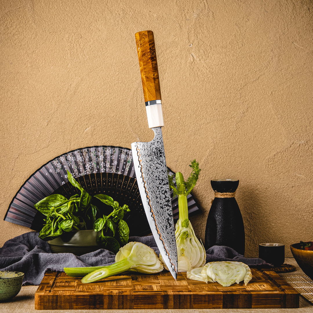 Raiden Handmade Japanese Chef Knife - 8.0" VG10, 1095 &amp; Copper Damascus Steel Blade, Exotic Rosewood Burl Composite Handle