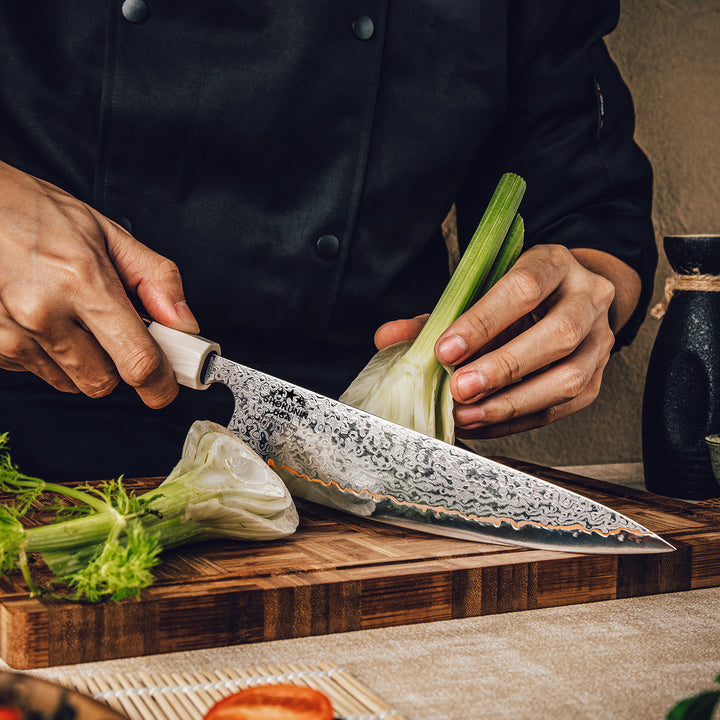 Raiden Handmade Japanese Chef Knife - 8.0" VG10, 1095 &amp; Copper Damascus Steel Blade, Exotic Rosewood Burl Composite Handle