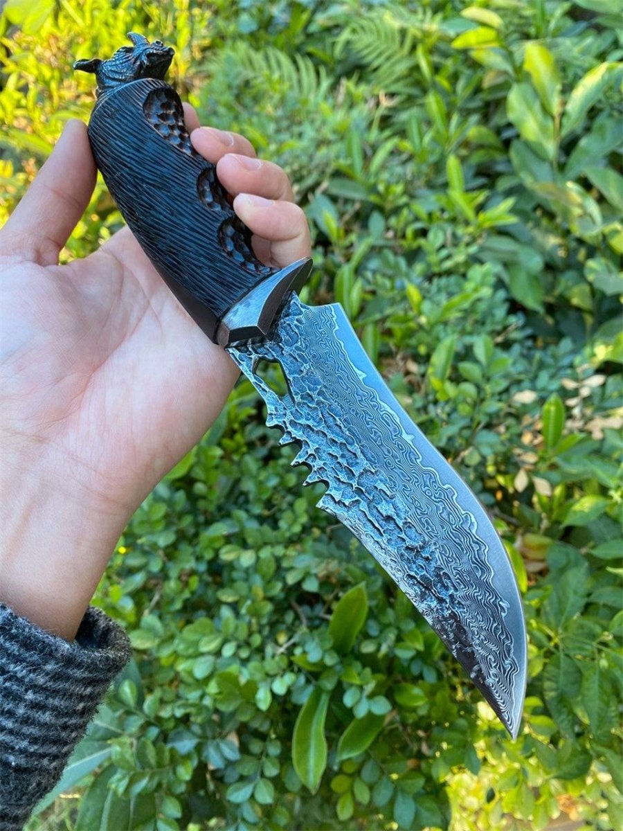 Engraved Damascus Knife – Chimera VG10 Damascus Hunting Knife with Exotic Ebony Wood Handle – shokuninusa
