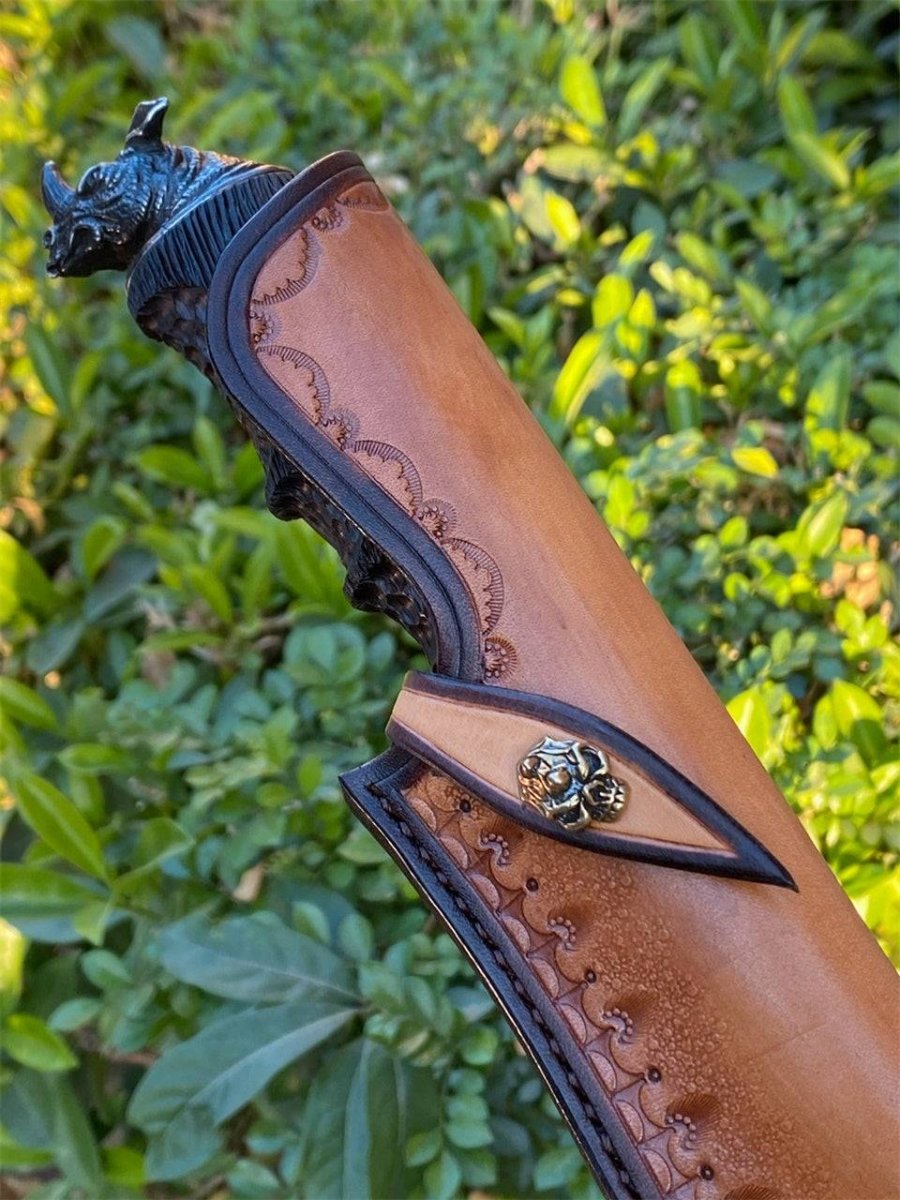 Engraved Hunting Knife – Chimera VG10 Damascus Hunting Knife with Exotic Ebony Wood Handle – shokuninusa