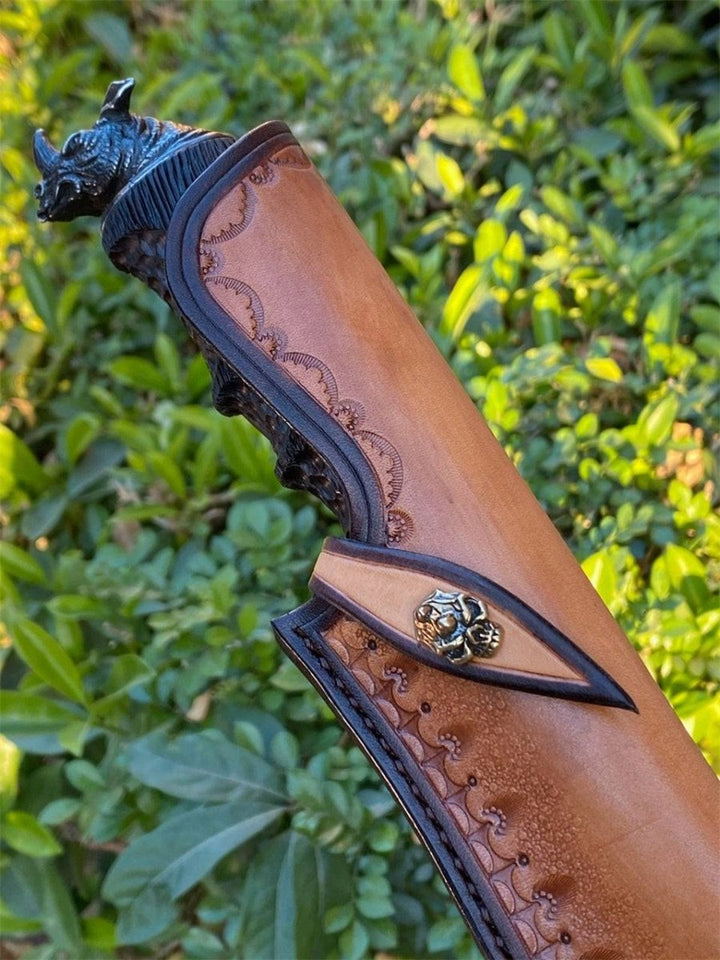 Engraved Hunting Knife – Chimera VG10 Damascus Hunting Knife with Exotic Ebony Wood Handle – shokuninusa