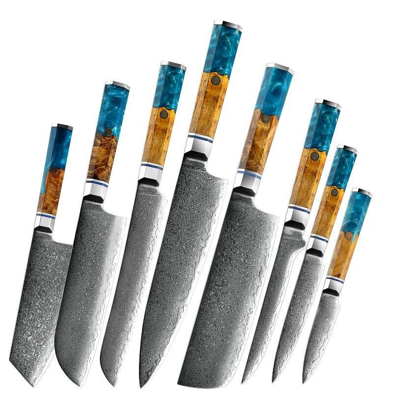 Chef Knife Set - Allure Professional VG10 8-Pcs Damascus Knife Set with Exotic Olive Burl Wood & Resin Handle - Shokunin USA