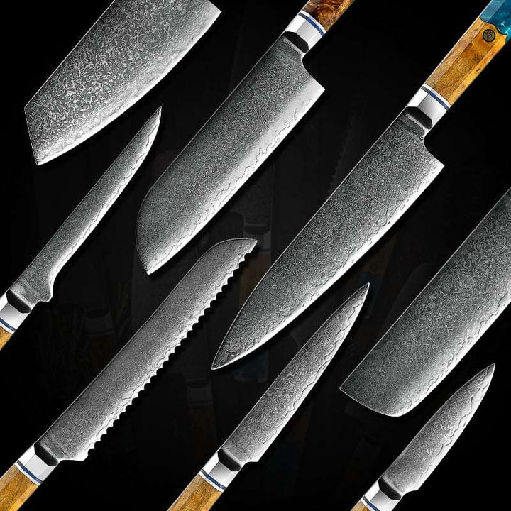 Chef Knife Set - Allure Professional VG10 8-Pcs Damascus Knife Set with Exotic Olive Burl Wood & Resin Handle - Shokunin USA