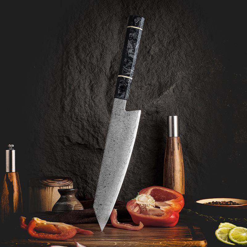 Cobalt Premium Japanese Chef Knife 8" VG-10 Damascus Steel with Carbon Fiber Handle & Leather Sheath - Shokunin USA
