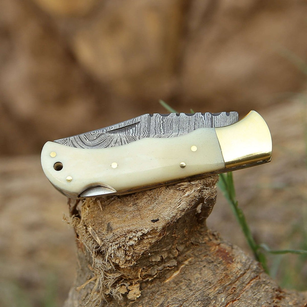Cosmo Pocket Knives – Cosmo Handmade Damascus Pocket Knife with Bone Handle – shokuninusa