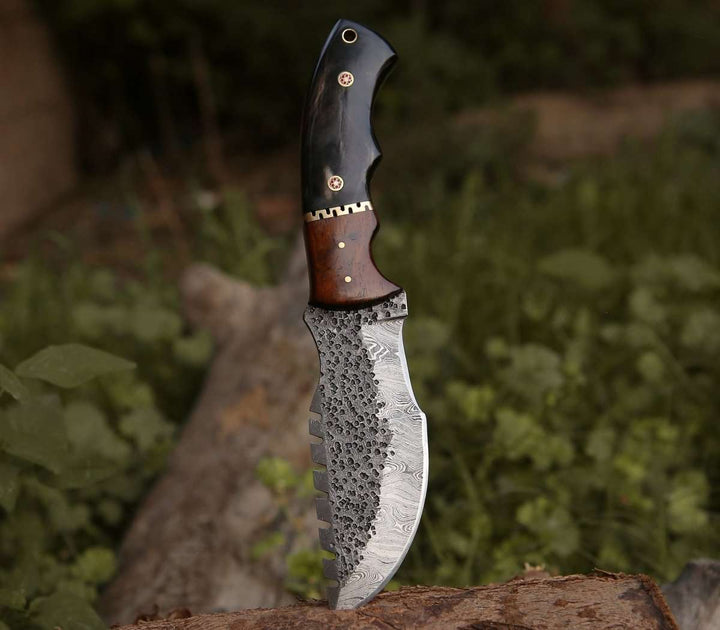 Hunting Knives - Crest Damascus Tracker Knife with Exotic Rose Wood and Horn Handle - Shokunin USA