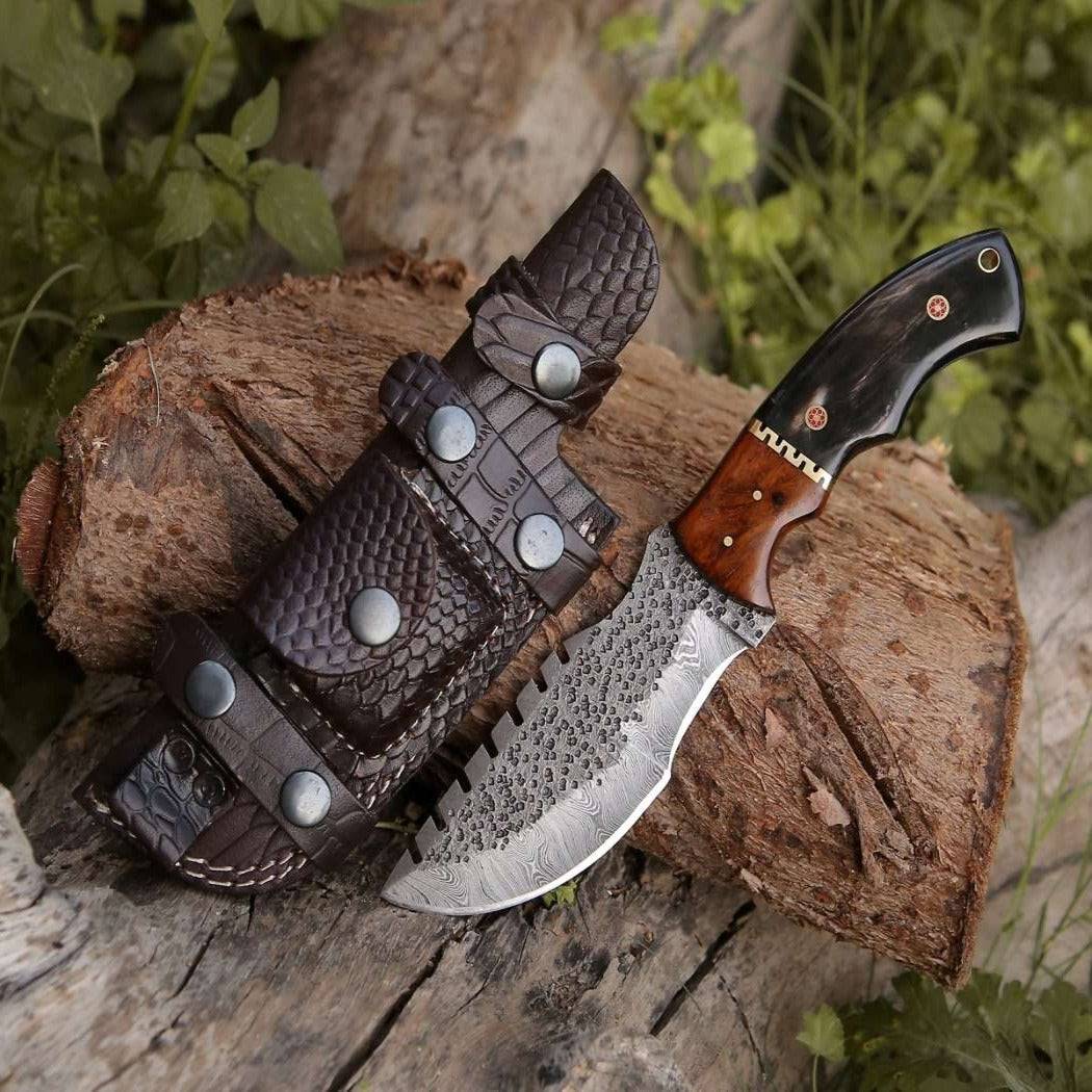 Hunting Knives - Crest Damascus Tracker Knife with Exotic Rose Wood and Horn Handle - Shokunin USA