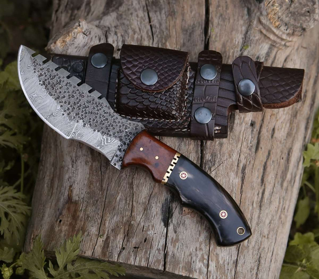 Crest Hunting Knives - Crest Damascus Tracker Knife with Exotic Rose Wood and Horn Handle - Shokunin USA