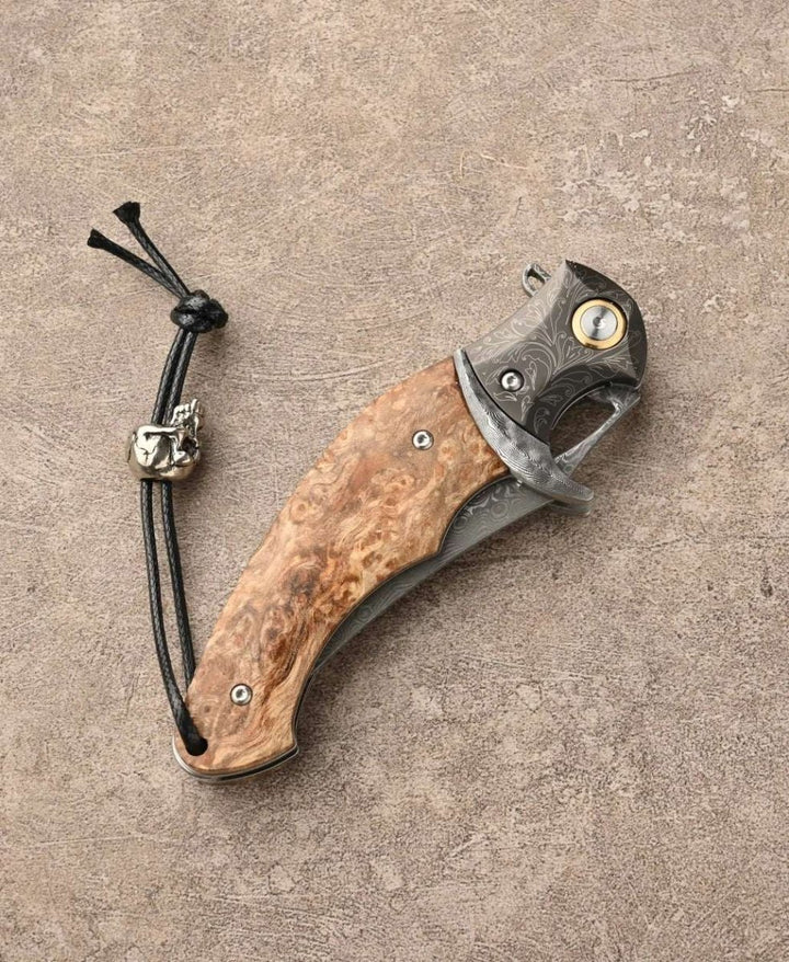 Crest Japanese Damascus Pocket knife with Maple Burl Handle - Shokunin USA