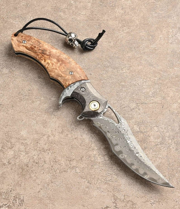 Crest Japanese Damascus Pocket knife with Maple Burl Handle - Shokunin USA