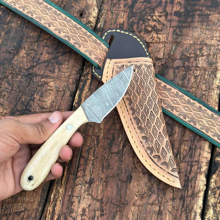 Tooled Knife – Dakota Damascus Fixed Blade Skinner Knife with Hand tooled Sheath &amp; Belt – shokuninusa