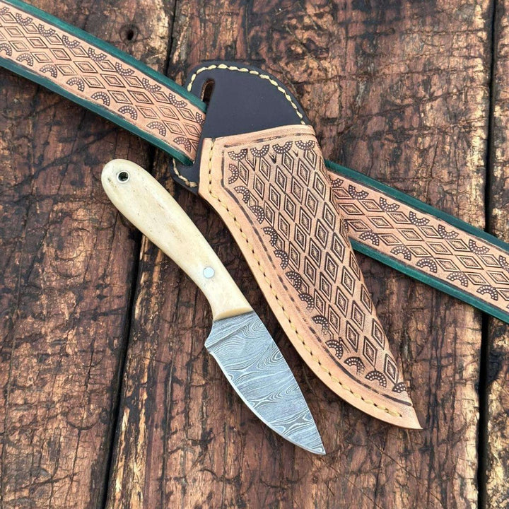 Tooled Skinner Knives – Dakota Damascus Fixed Blade Skinner Knife with Hand tooled Sheath &amp; Belt – shokuninusa