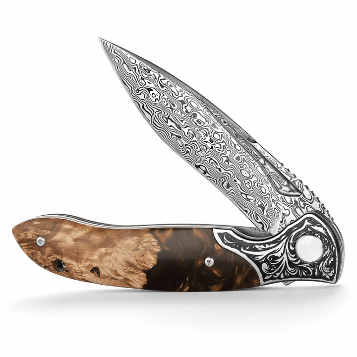 Demeter Hunting Knives – Demeter Japanese VG10 Damascus Pocket Knife with Exotic Olive Burl &amp; Resin Handle – shokuninusa