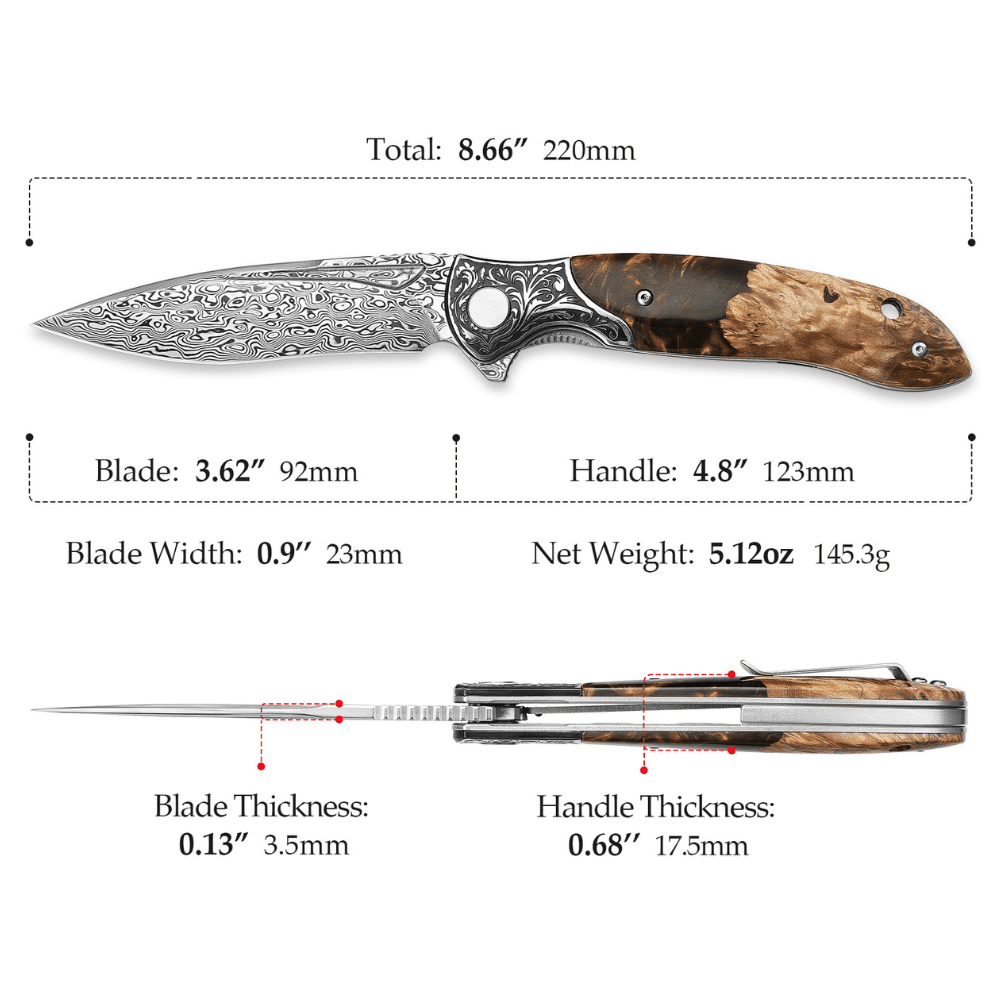 Demeter Knives – Demeter Japanese VG10 Damascus Pocket Knife with Exotic Olive Burl &amp; Resin Handle – shokuninusa