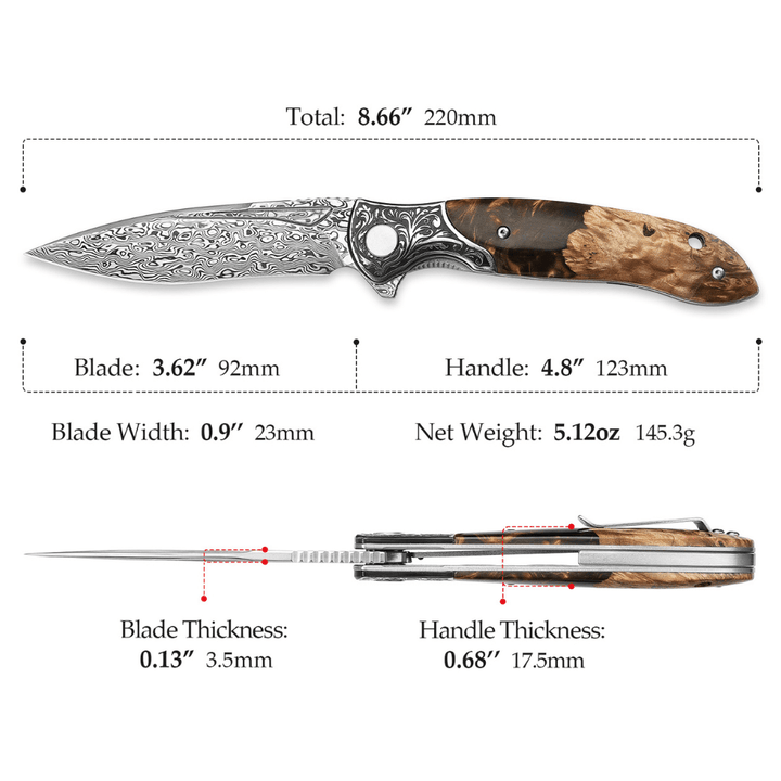 Demeter Knives – Demeter Japanese VG10 Damascus Pocket Knife with Exotic Olive Burl &amp; Resin Handle – shokuninusa