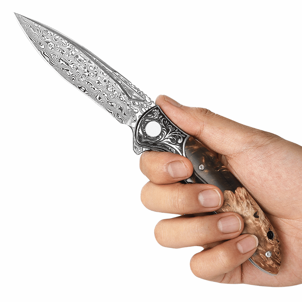 Demeter Knife – Demeter Japanese VG10 Damascus Pocket Knife with Exotic Olive Burl &amp; Resin Handle – shokuninusa