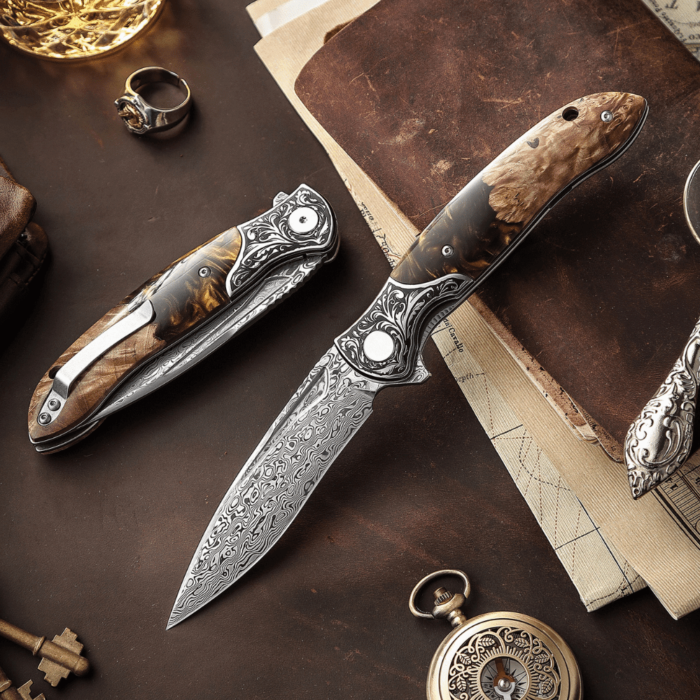 Demeter Pocket Knife – Demeter Japanese VG10 Damascus Pocket Knife with Exotic Olive Burl & Resin Handle – shokuninusa