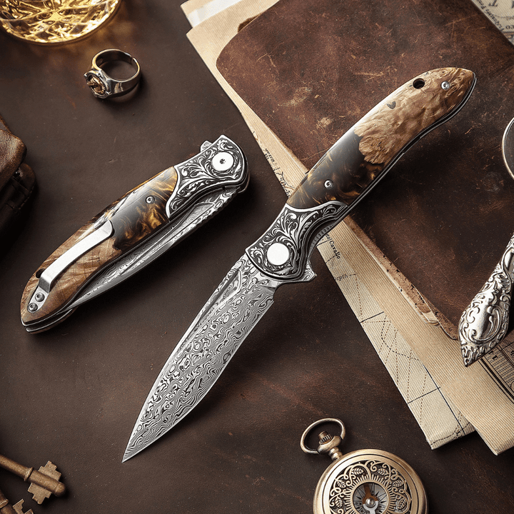 Demeter Pocket Knife – Demeter Japanese VG10 Damascus Pocket Knife with Exotic Olive Burl &amp; Resin Handle – shokuninusa