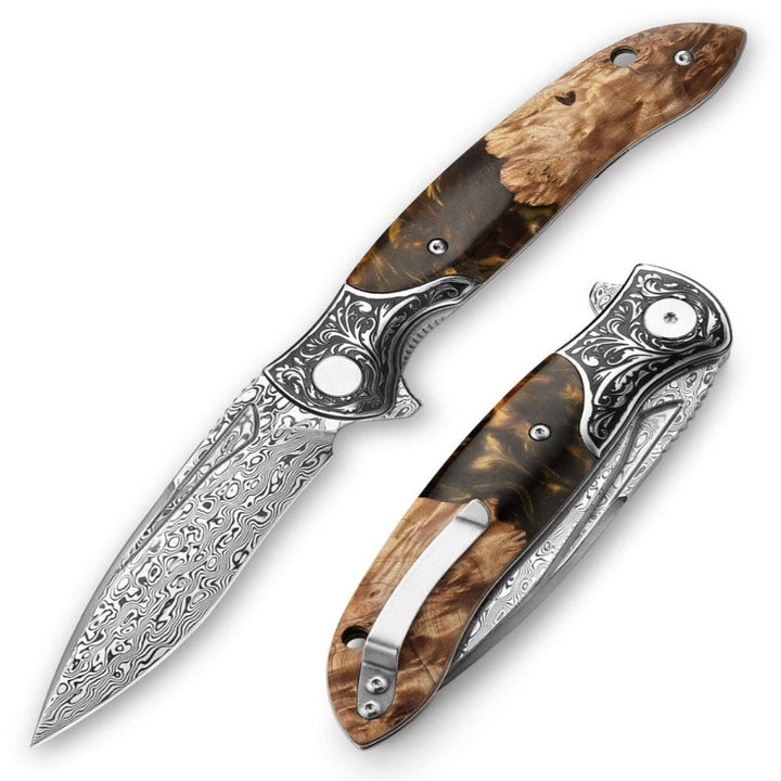 Demeter Pocket Knives – Demeter Japanese VG10 Damascus Pocket Knife with Exotic Olive Burl &amp; Resin Handle – shokuninusa
