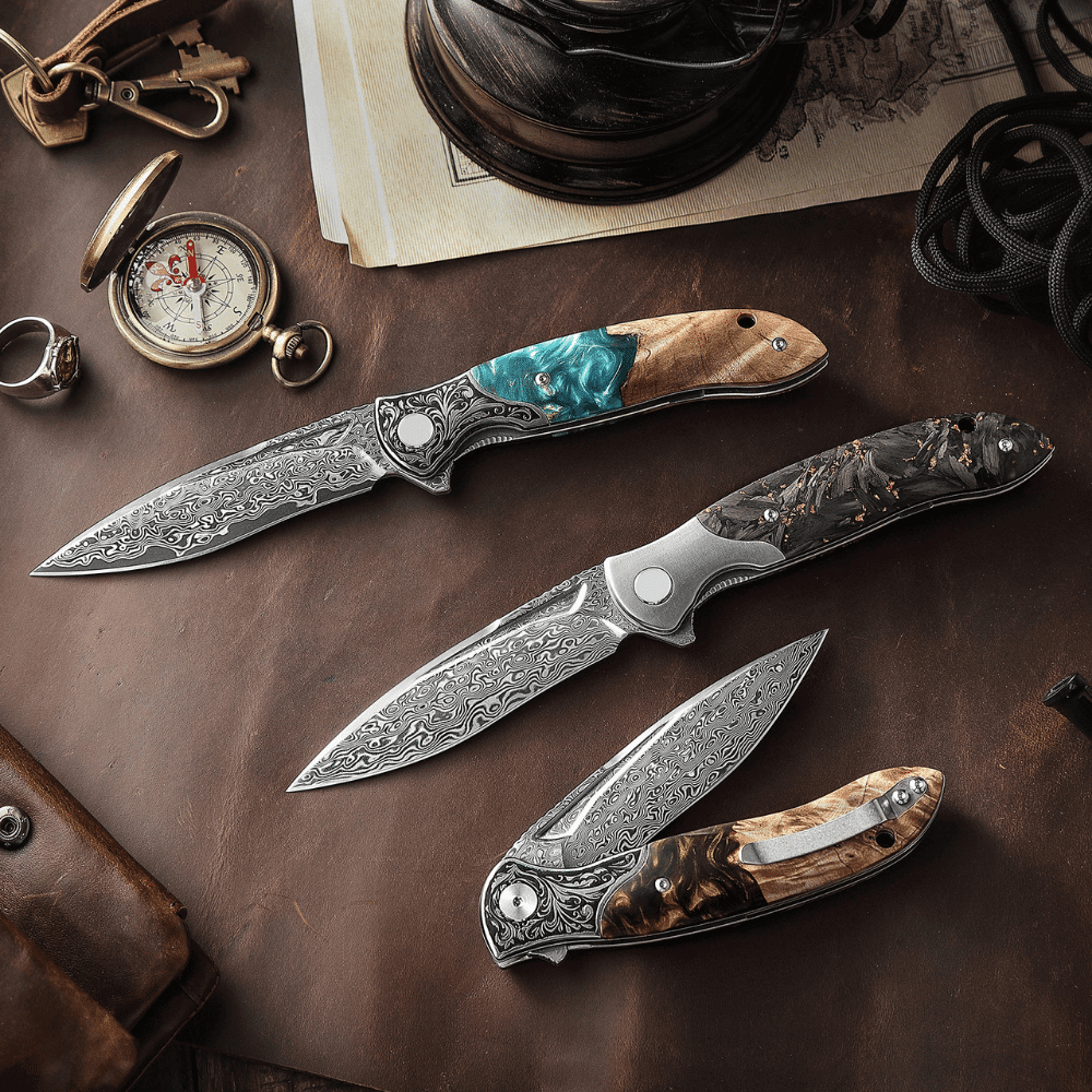 Demeter Hunting Knife – Demeter Japanese VG10 Damascus Pocket Knife with Exotic Olive Burl &amp; Resin Handle – shokuninusa