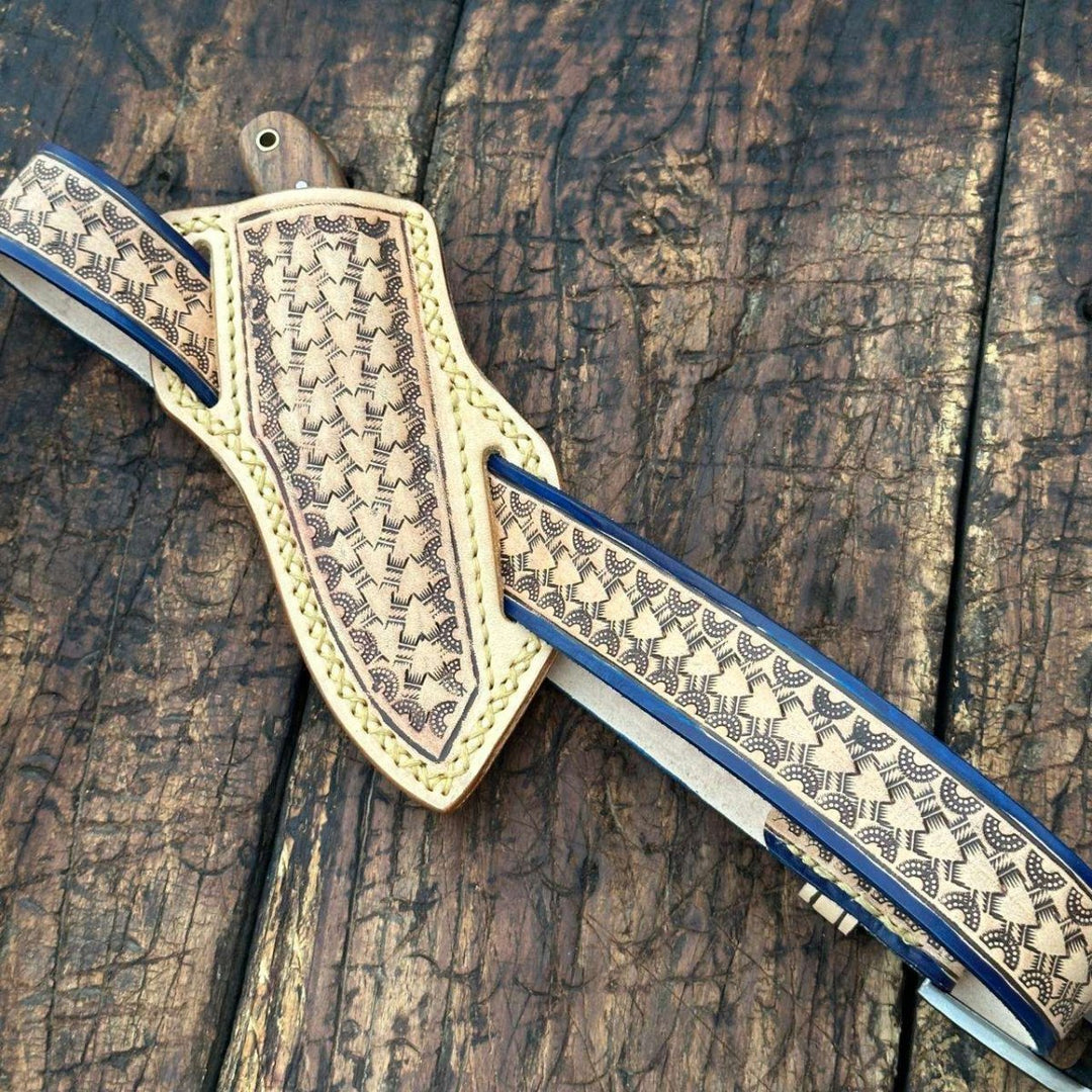 Desert Moon Handmade Damascus Skinner Knife with Handtooled Sheath &amp; Belt - Shokunin USA