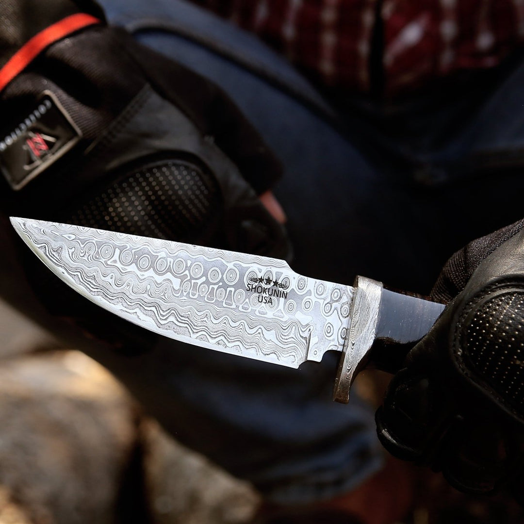 Dynasty Hunting Knives – Dynasty Damascus Hunting Knife with Stacked Leather Handle – shokuninusa