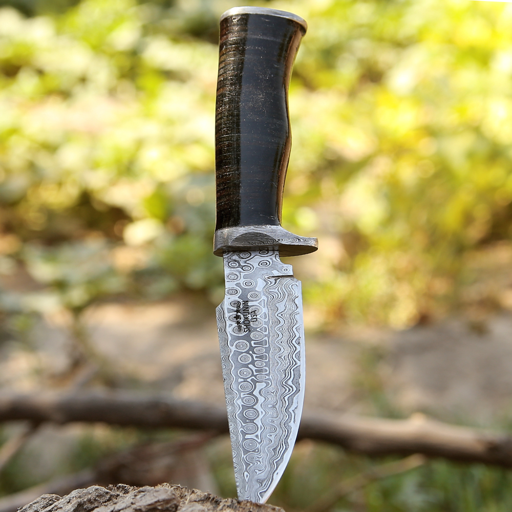 Dynasty Bowie Knives – Dynasty Damascus Hunting Knife with Stacked Leather Handle – shokuninusa
