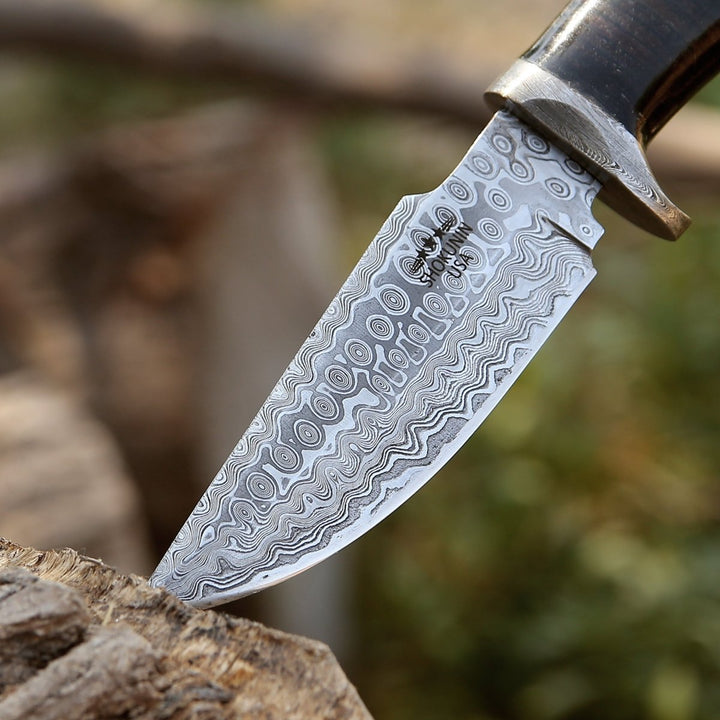 Dynasty Knives – Dynasty Damascus Hunting Knife with Stacked Leather Handle – shokuninusa