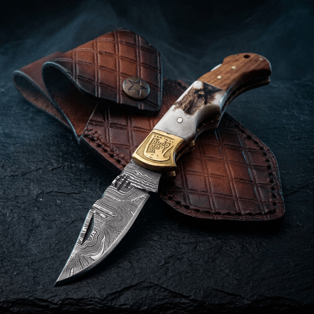 Echo Damascus Pocket Knife with Stag Horn/Antler & Olivewood Handle - Shokunin USA