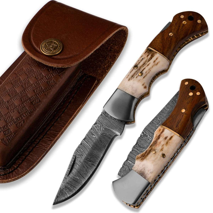 Utility Knife - Echo Damascus Pocket Knife with Stag Horn/Antler &amp; Rosewood Handle - Shokunin USA