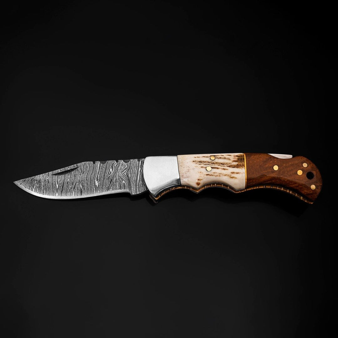 Utility Knife - Echo Damascus Pocket Knife with Stag Horn/Antler &amp; Rosewood Handle - Shokunin USA