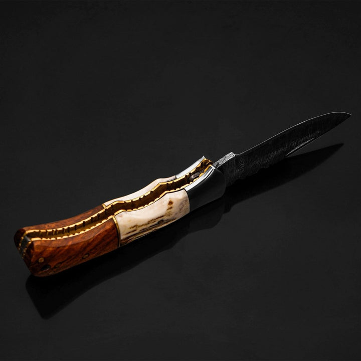 Utility Knife - Echo Damascus Pocket Knife with Stag Horn/Antler &amp; Rosewood Handle - Shokunin USA