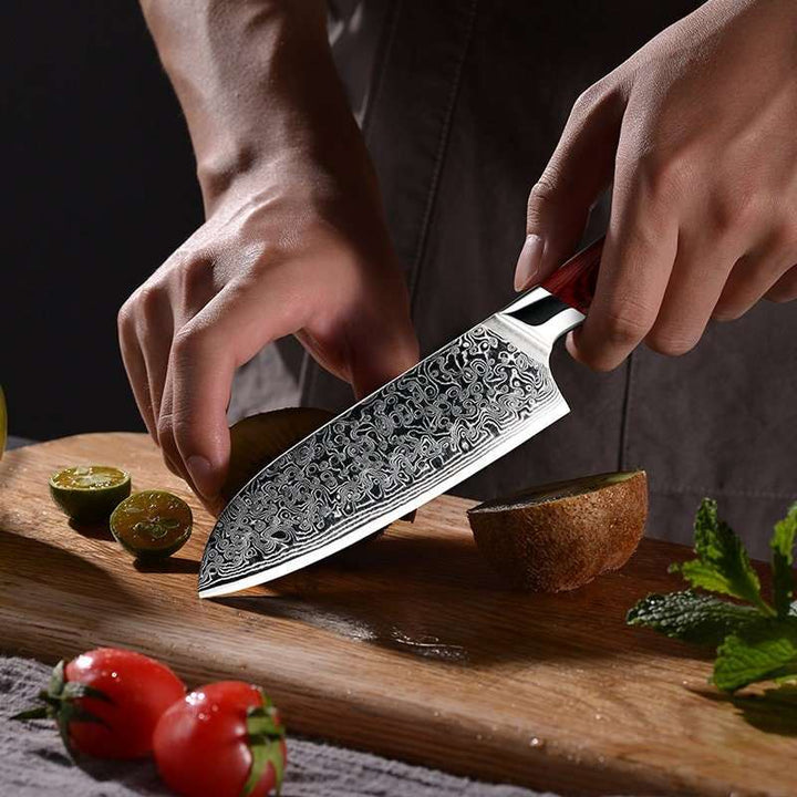 Handmade Kitchen Knife - Edge VG10 Damascus Chef Knife Santoku Knife with Pakkawood Handle - Shokunin USA