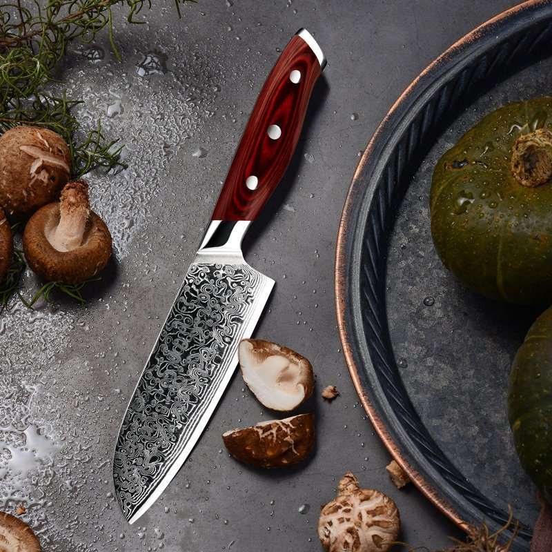 Handmade Santoku Knives - Edge VG10 Damascus Chef Knife Santoku Knife with Pakkawood Handle - Shokunin USA