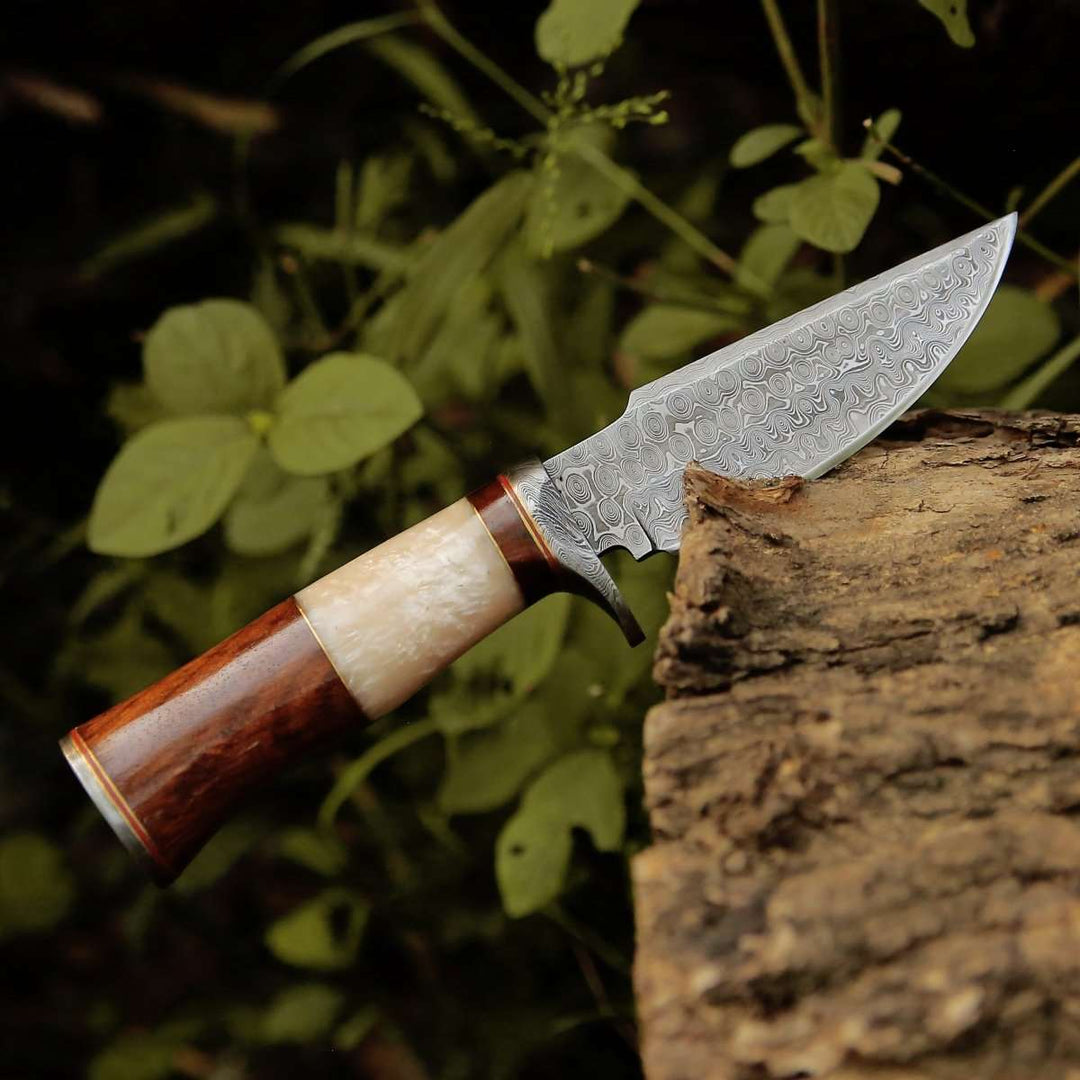 Damascus Knife - Elite Damascus Hunting Knife with Mother of Pearl & Rose Wood Handle - Shokunin USA