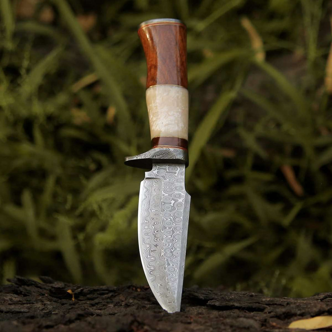 Damascus Knife - Elite Damascus Hunting Knife with Mother of Pearl & Rose Wood Handle - Shokunin USA