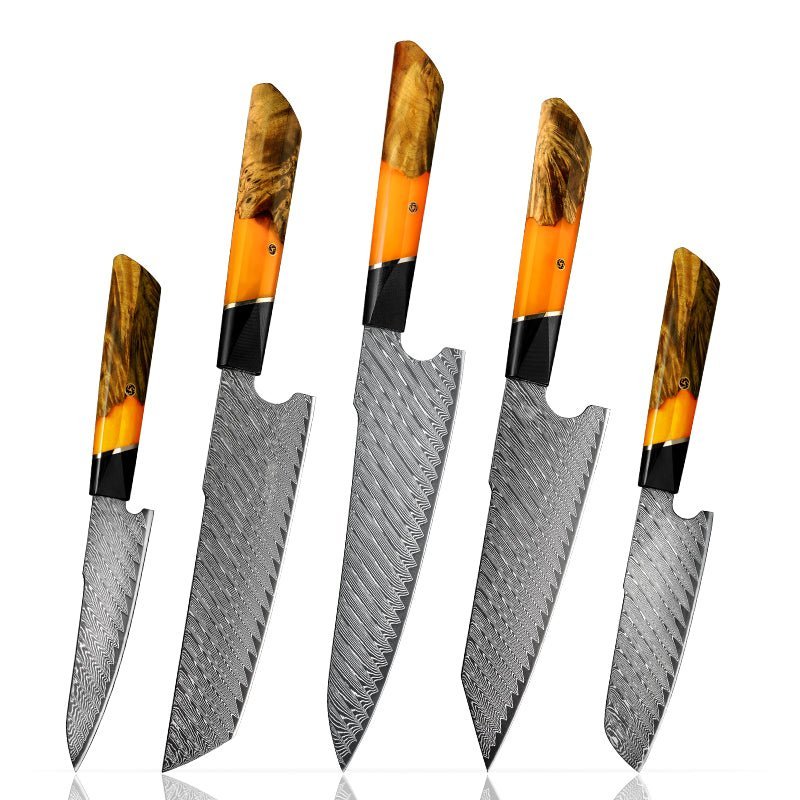 Japanese Knife Sets – Elite Series VG10 Damascus Knife Set with Exotic Burl Wood Handle – shokuninusa