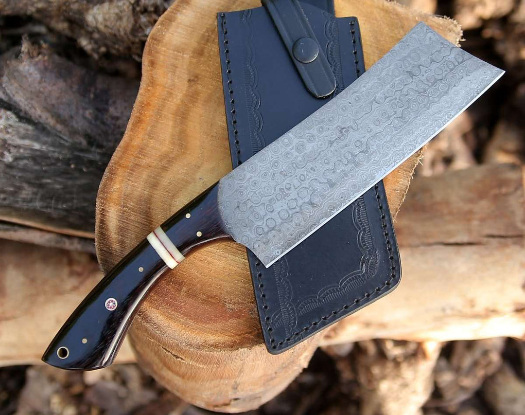 Collectible Nakiri Knives – Ember Damascus Cleaver Knife with Bone &amp; Exotic Wenge Wood Handle – shokuninusa