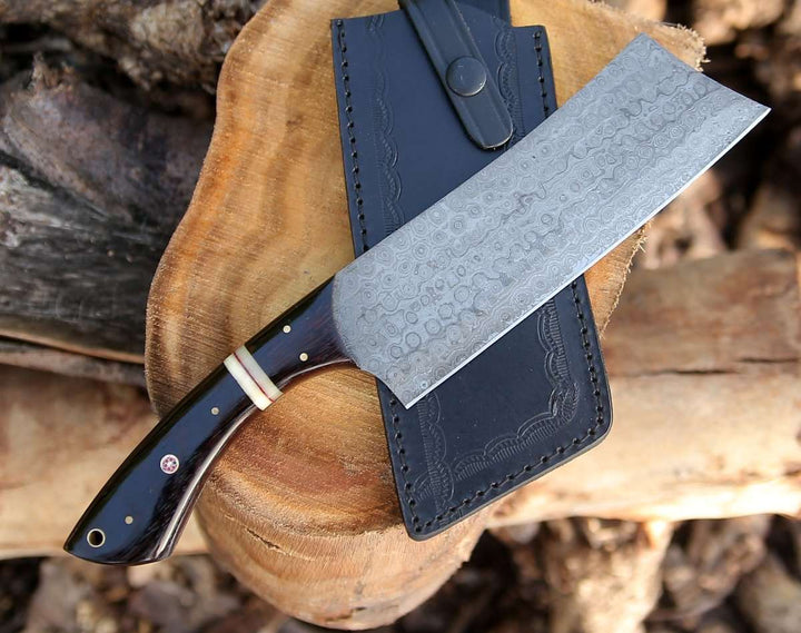 Collectible Nakiri Knives – Ember Damascus Cleaver Knife with Bone &amp; Exotic Wenge Wood Handle – shokuninusa
