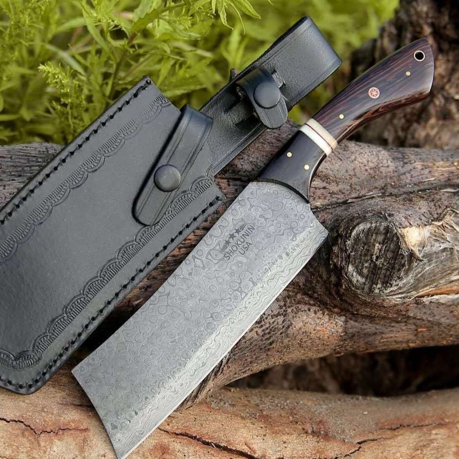 Chef knife - Ember Damascus Cleaver Knife with Bone & Exotic Wenge Wood Handle - Shokunin USA