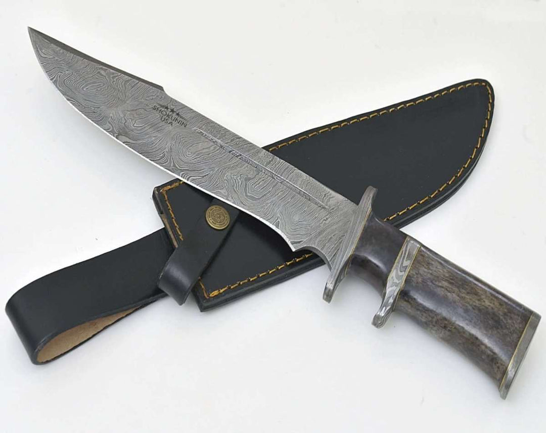 Enigma Bowie Knife - Enigma Bowie Knife with Bone Handle &amp; Leather Sheath - Shokunin USA