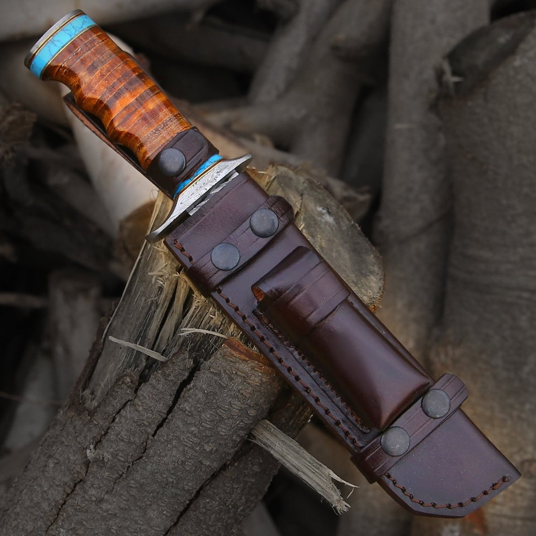 Envoy Hunting Knives - Envoy Damascus Hunting Knife with Stacked Leather Handle - Shokunin USA
