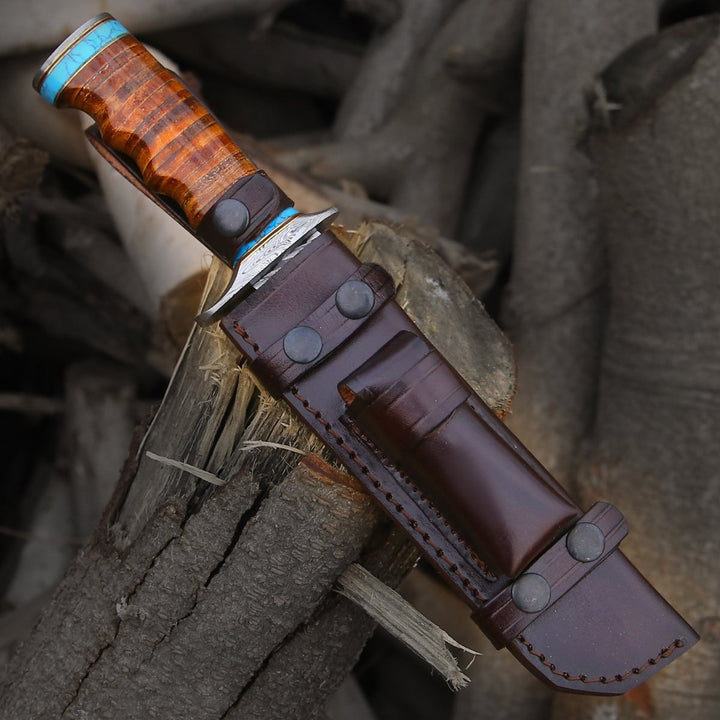Envoy Hunting Knives - Envoy Damascus Hunting Knife with Stacked Leather Handle - Shokunin USA