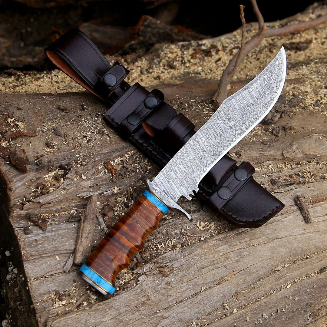 Envoy Hunting Knife - Envoy Damascus Hunting Knife with Stacked Leather Handle - Shokunin USA