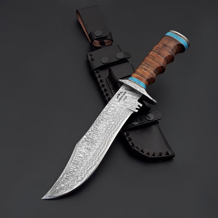 Envoy Bowie Knives - Envoy Damascus Hunting Knife with Stacked Leather Handle - Shokunin USA