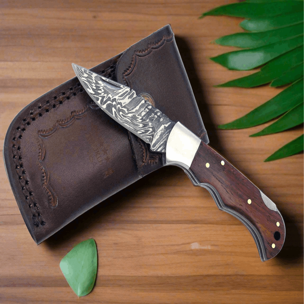 Excalibur Damascus Pocket Knife with Exotic Red Heart Wood Handle - Shokunin USA
