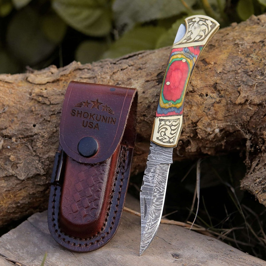 Expedition Damascus Knife – Expedition Damascus Folding Pocket Knife with Pakka Wood Handle – shokuninusa