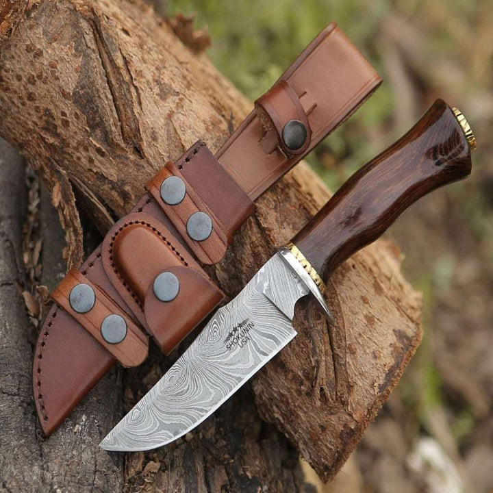 Damascus Knife - Exterminator Deer Hunting Knife with Exotic Wenge Wood Handle - Shokunin USA