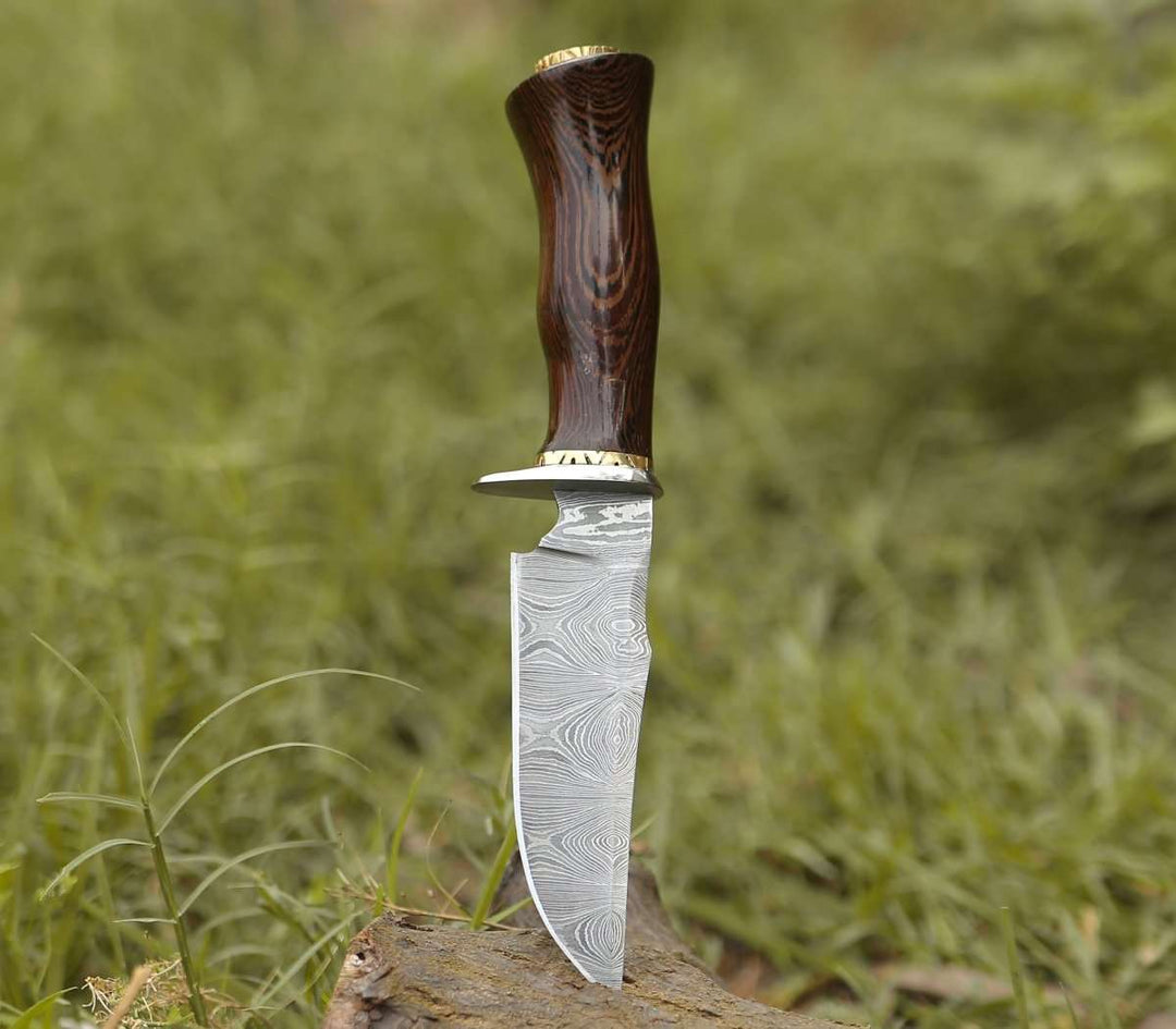 Damascus Knife - Exterminator Deer Hunting Knife with Exotic Wenge Wood Handle - Shokunin USA